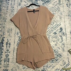 Bobi Los Angeles neutral camel deep-v romper with sleeves and pockets